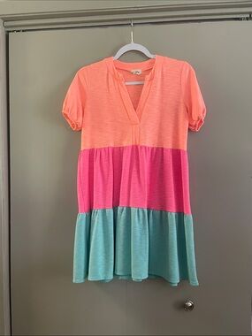 BiBi Colorblock Tiered Dress - Coral, Pink & Teal